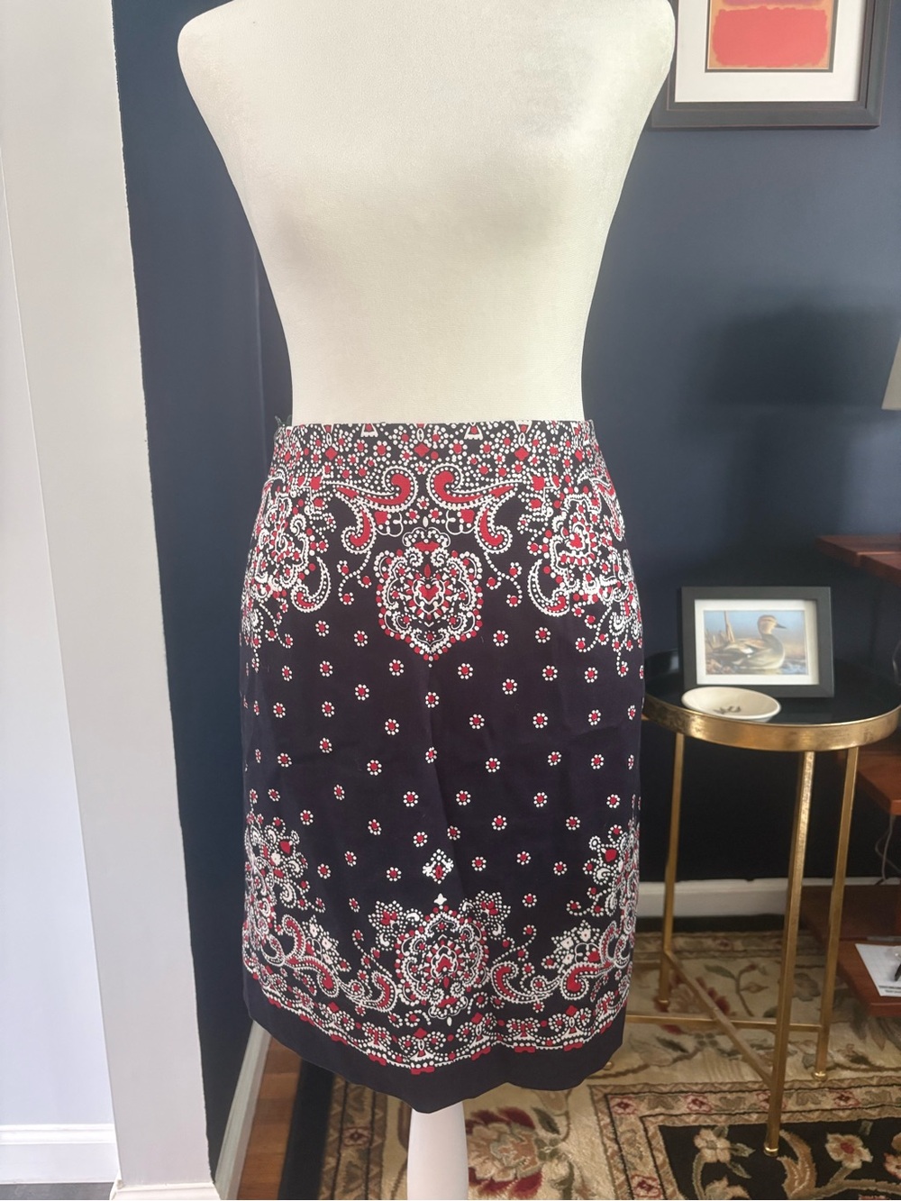 Talbots Petites Navy & Red Paisley Print A-Line Knee Length Skirt Size 10P